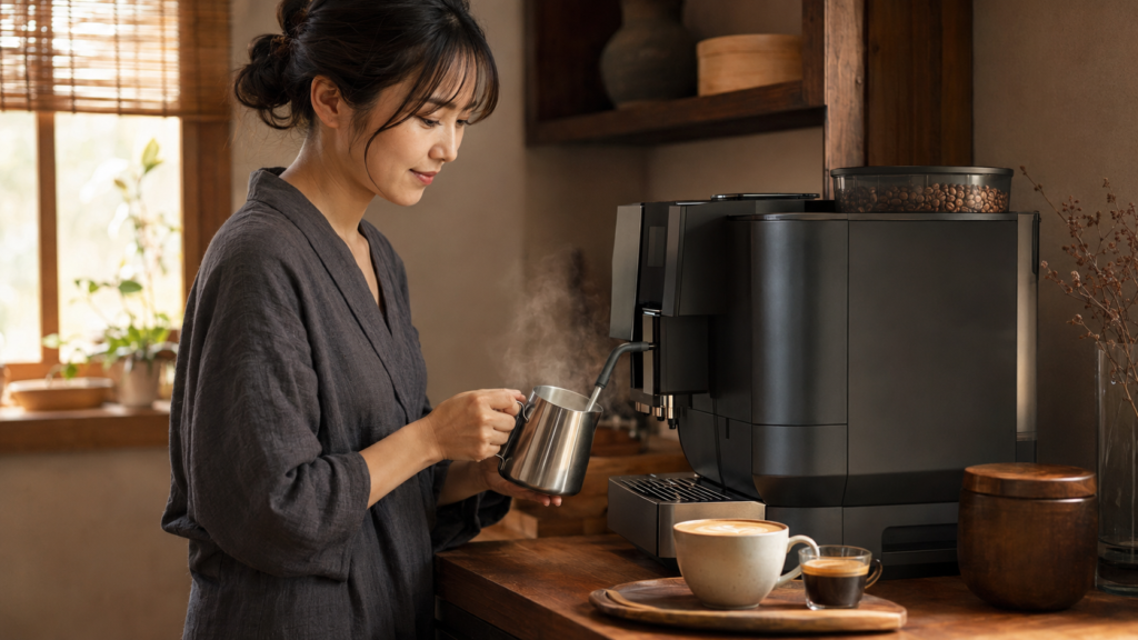 家庭用全自動エスプレッソマシンでカフェラテを作る日本人女性